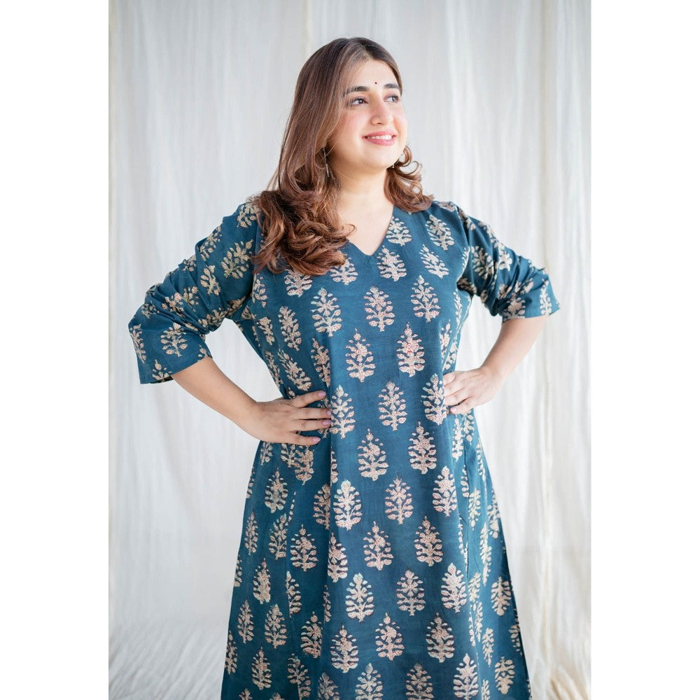 The Indian Ethnic Co. Indigo Bagru Cotton Jhabba Kali Kurta