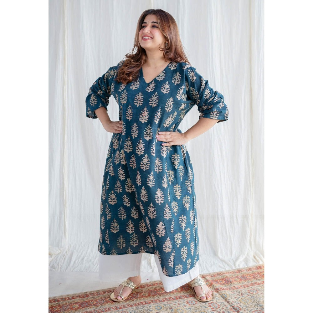 The Indian Ethnic Co. Indigo Bagru Cotton Jhabba Kali Kurta