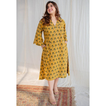 The Indian Ethnic Co. Mustard Ajrakh Cotton Dress