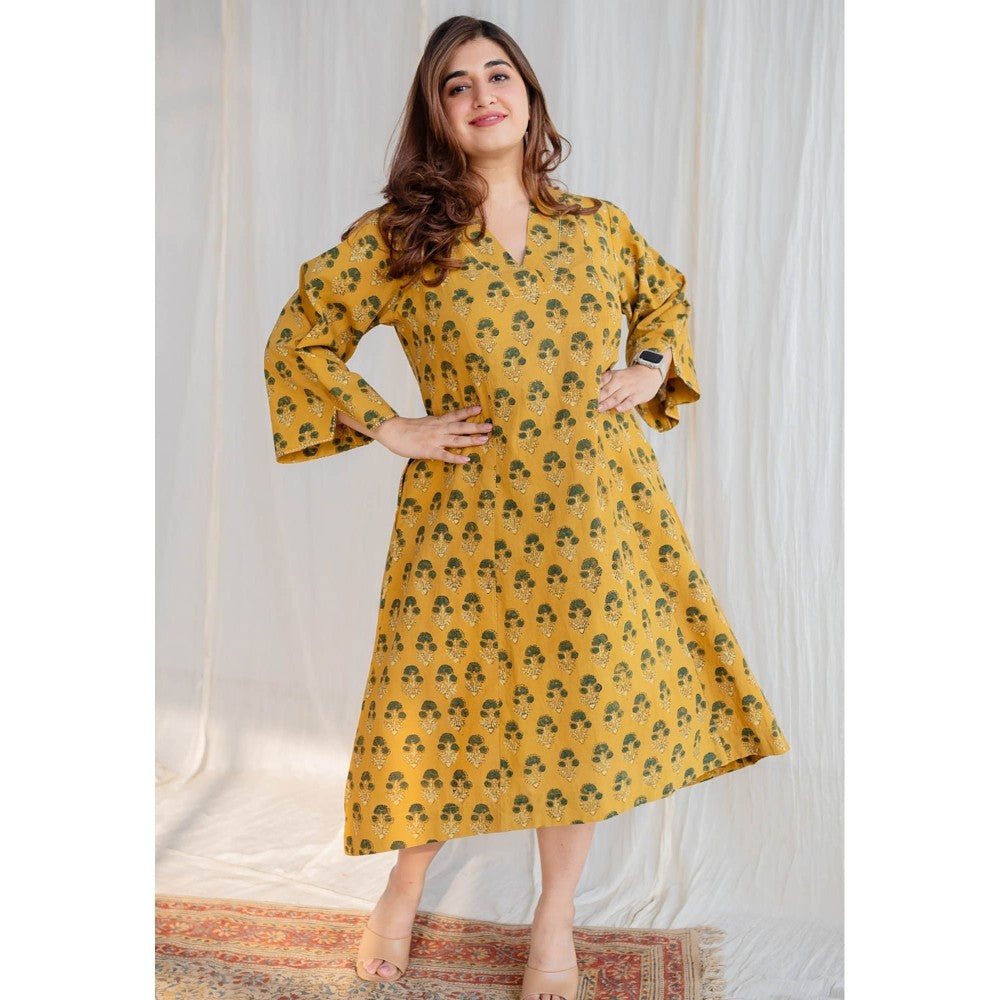 The Indian Ethnic Co. Mustard Ajrakh Cotton Dress
