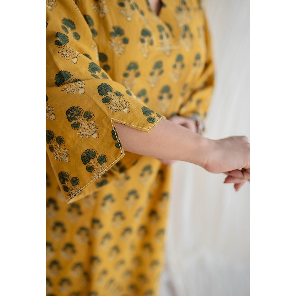 The Indian Ethnic Co. Mustard Ajrakh Cotton Dress