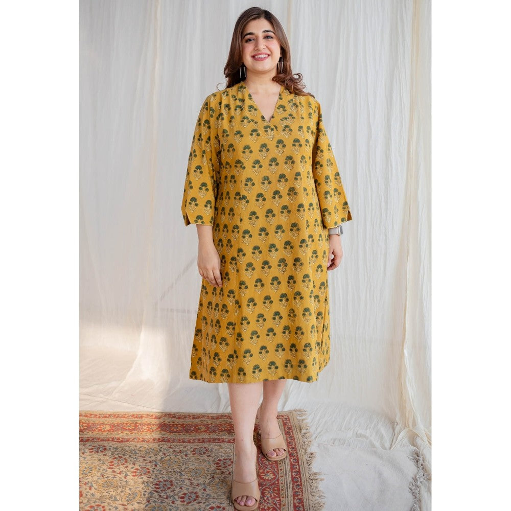 The Indian Ethnic Co. Mustard Ajrakh Cotton Dress