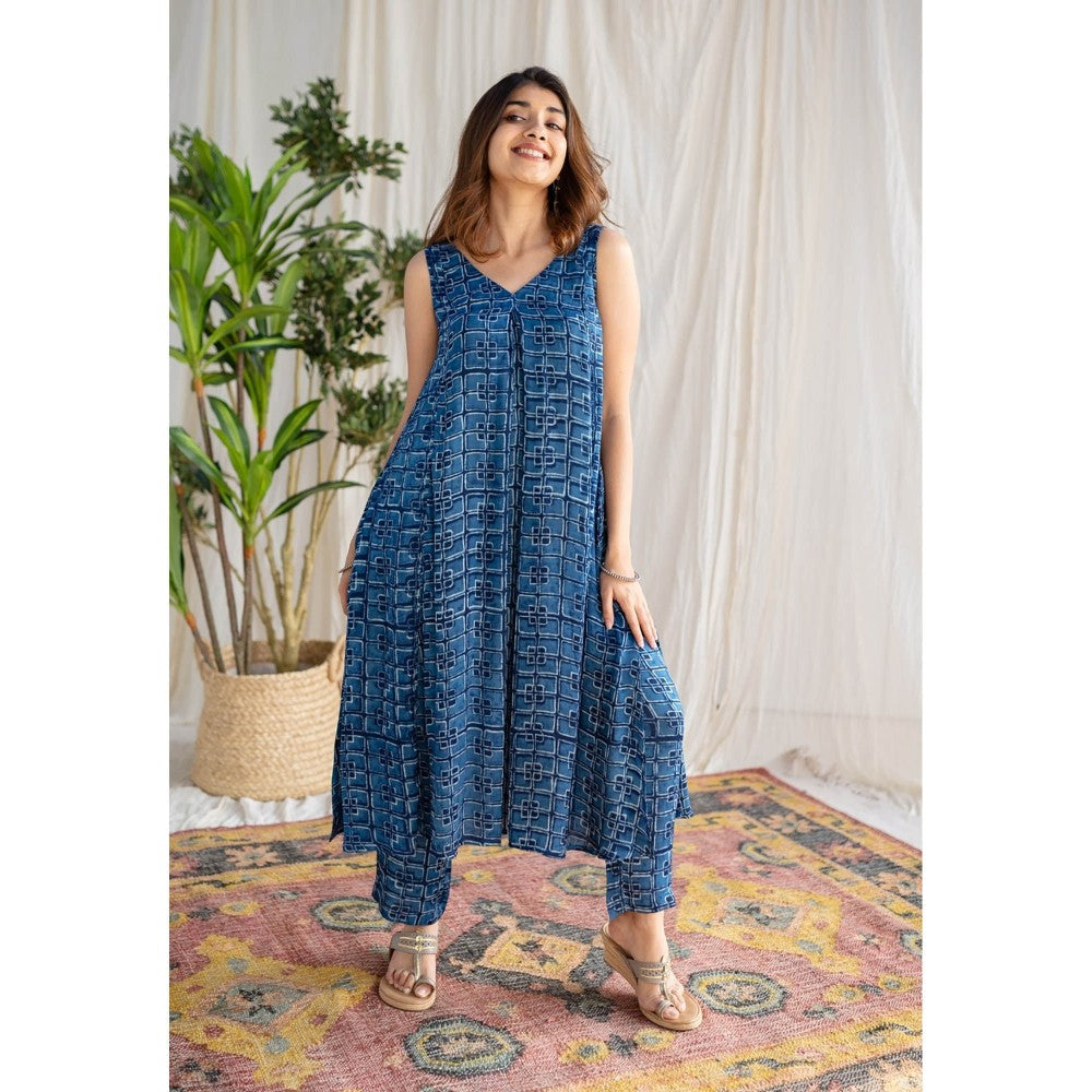 The Indian Ethnic Co. Indigo Dabu Modal Silk Co-Ord Set