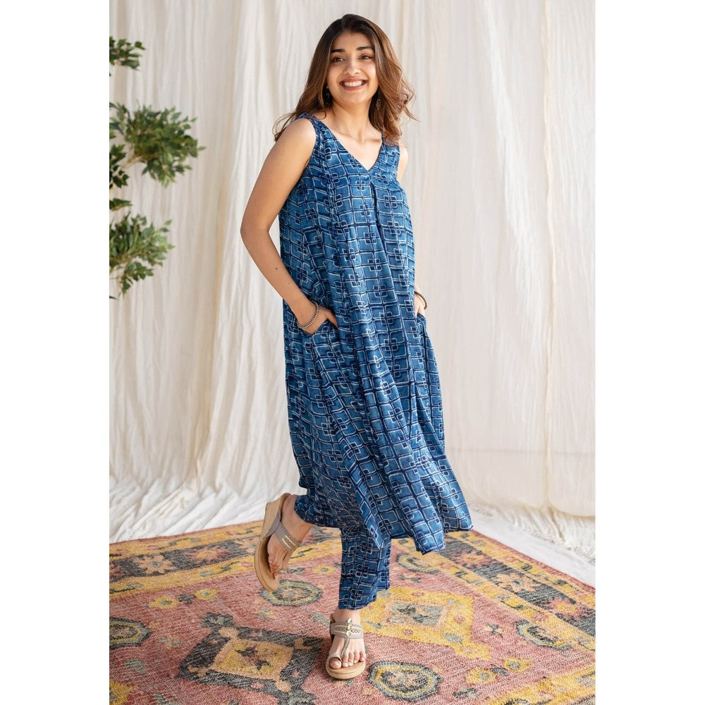 The Indian Ethnic Co. Indigo Dabu Modal Silk Co-Ord Set