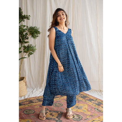 The Indian Ethnic Co. Indigo Dabu Modal Silk Co-Ord Set