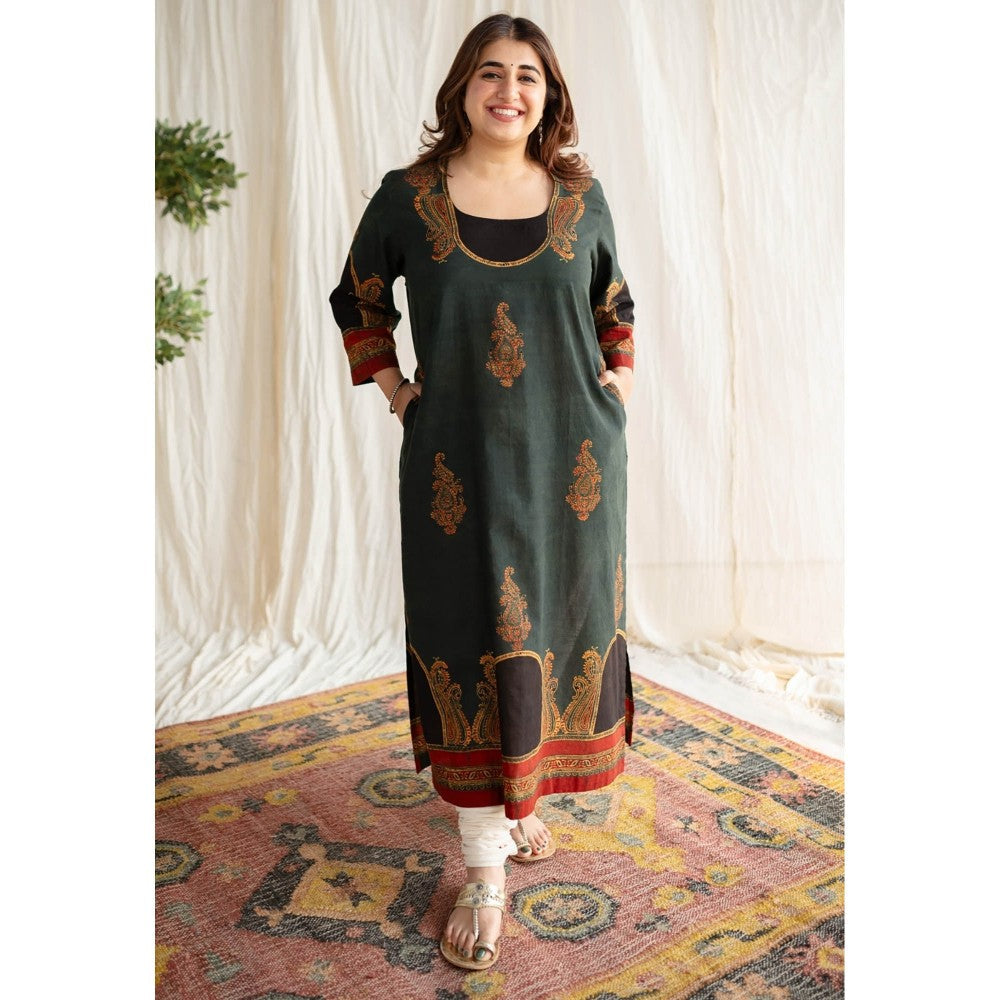 The Indian Ethnic Co. Dark Green Ajrakh Cotton Kurta