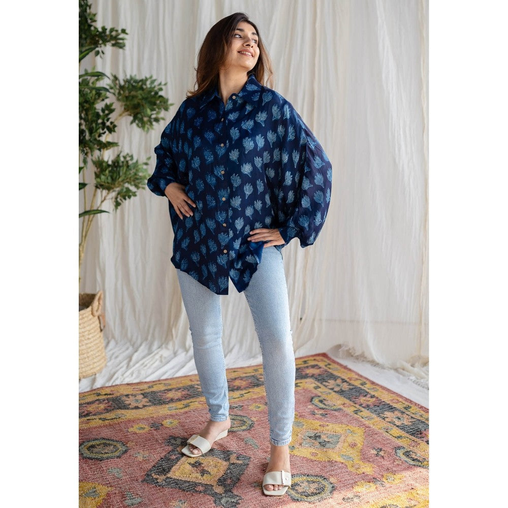 The Indian Ethnic Co. Indigo Dabu Modal Silk Shirt