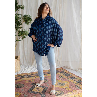 The Indian Ethnic Co. Indigo Dabu Modal Silk Shirt