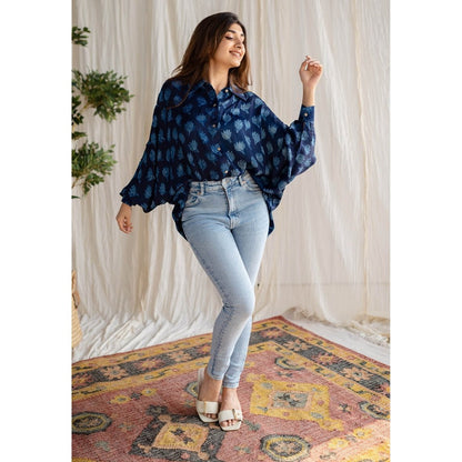 The Indian Ethnic Co. Indigo Dabu Modal Silk Shirt