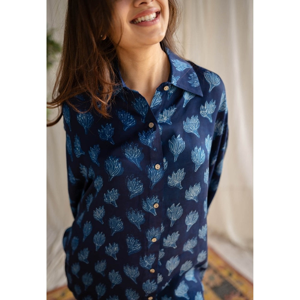 The Indian Ethnic Co. Indigo Dabu Modal Silk Shirt