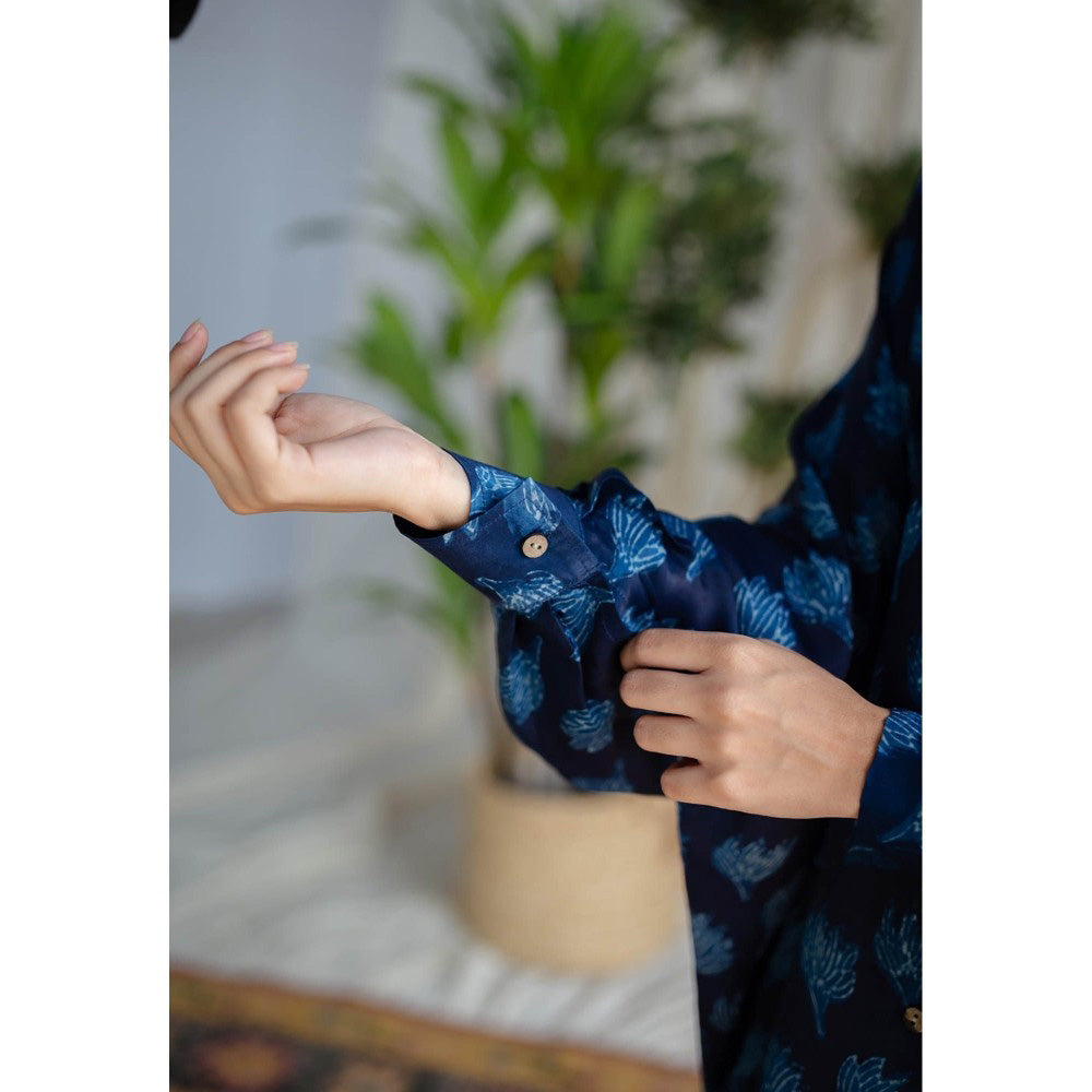 The Indian Ethnic Co. Indigo Dabu Modal Silk Shirt