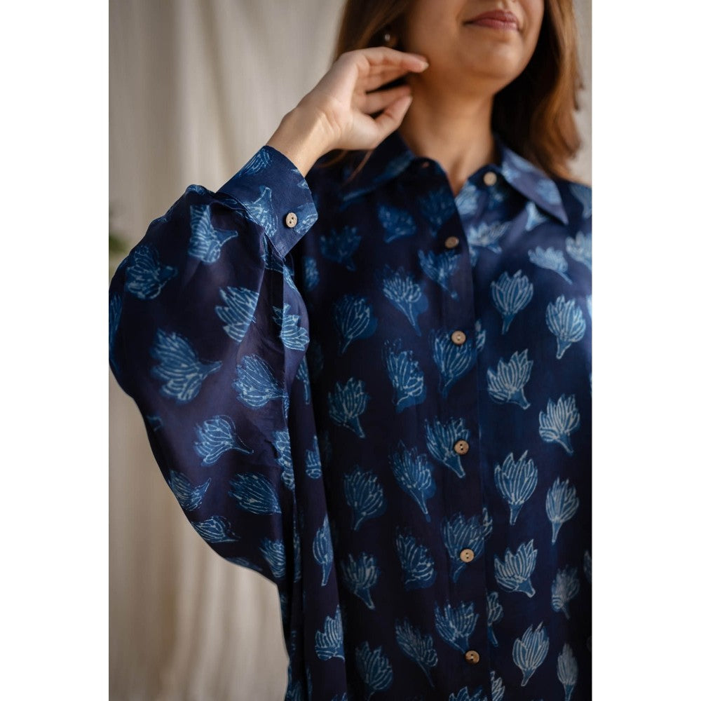 The Indian Ethnic Co. Indigo Dabu Modal Silk Shirt