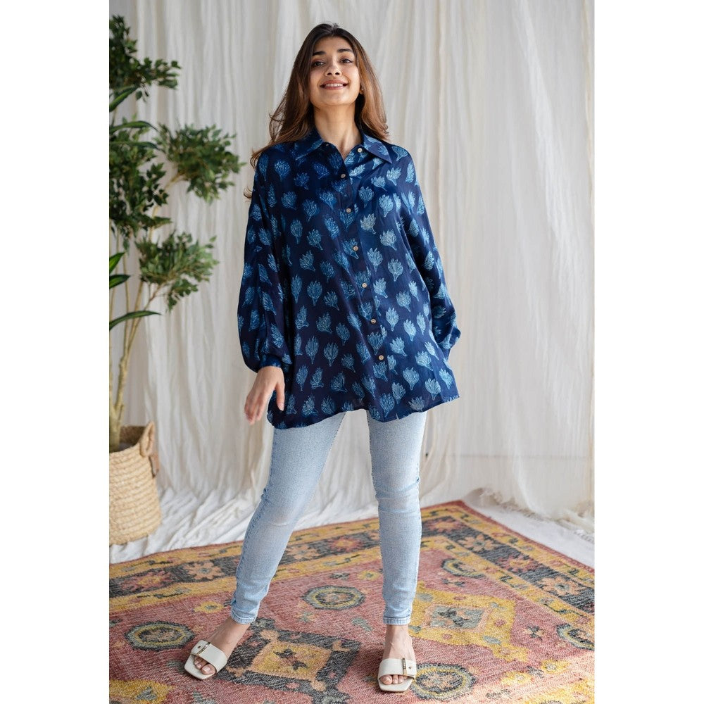 The Indian Ethnic Co. Indigo Dabu Modal Silk Shirt