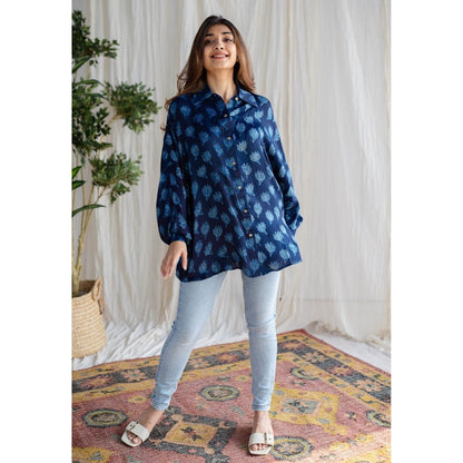 The Indian Ethnic Co. Indigo Dabu Modal Silk Shirt