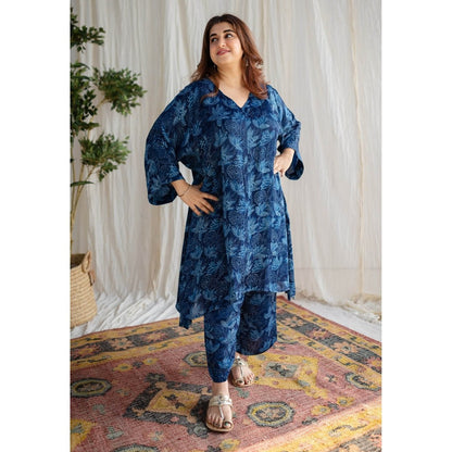 The Indian Ethnic Co. Indigo Dabu Modal Silk Co-Ord Set