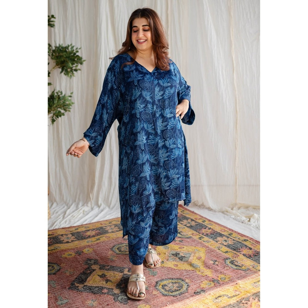 The Indian Ethnic Co. Indigo Dabu Modal Silk Co-Ord Set