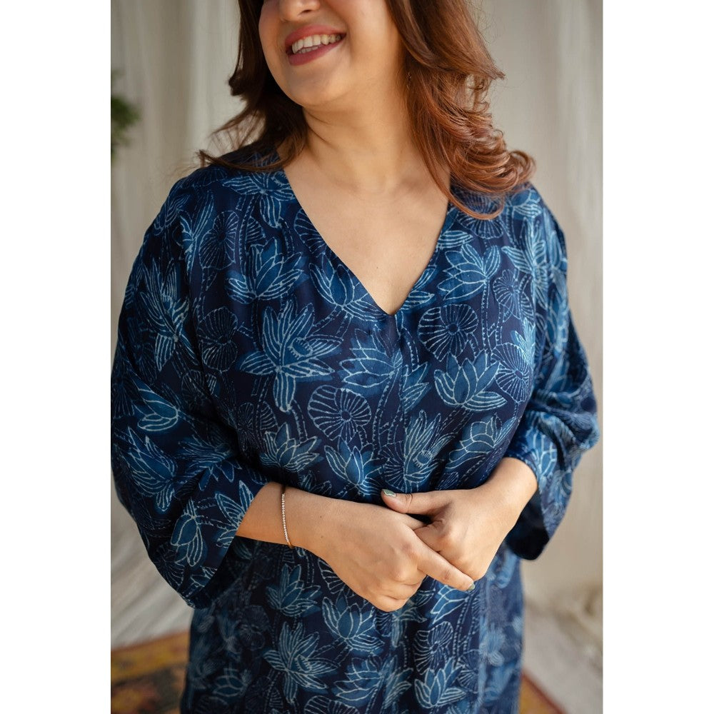 The Indian Ethnic Co. Indigo Dabu Modal Silk Co-Ord Set