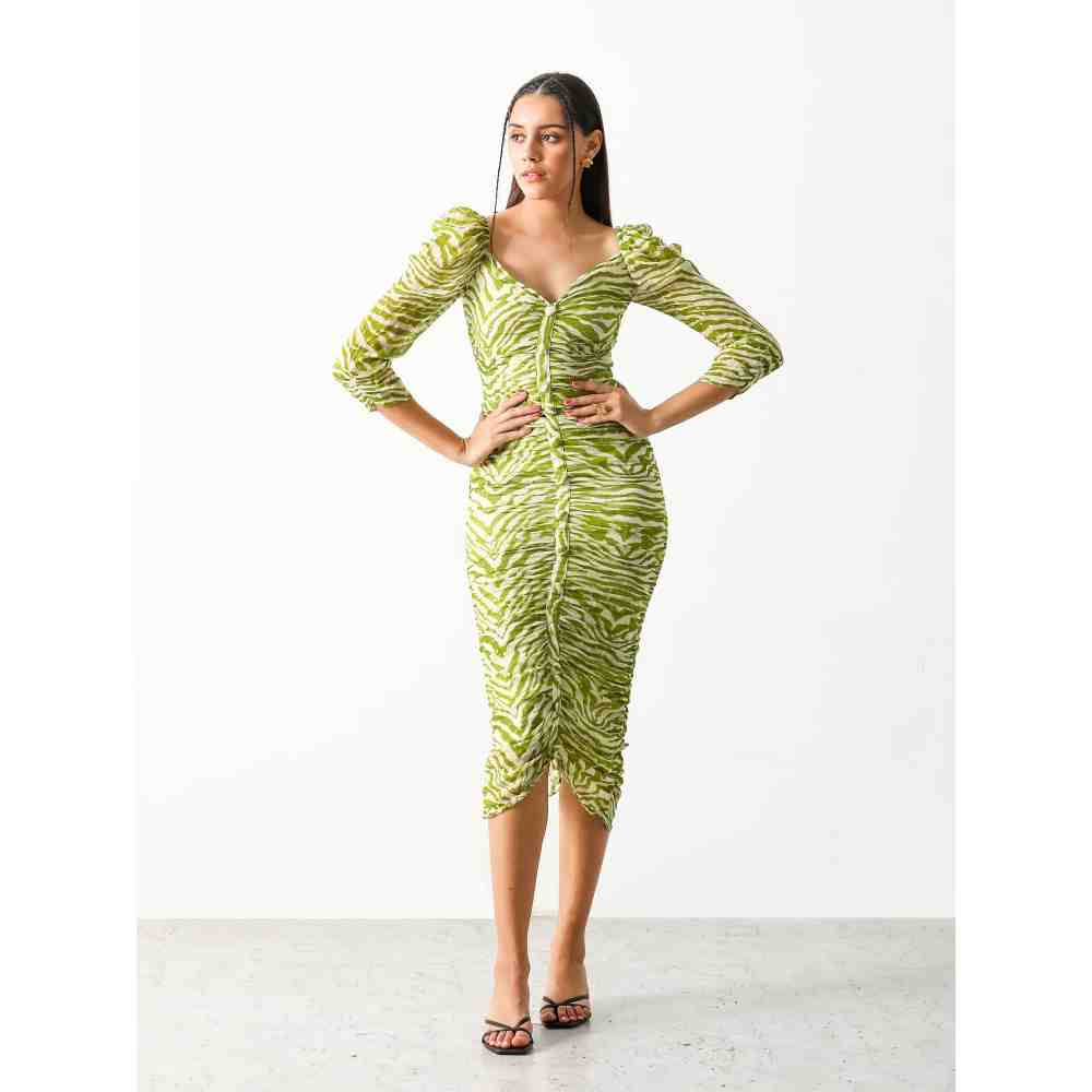 THE IASO Green Sander Ruched Midi Dress