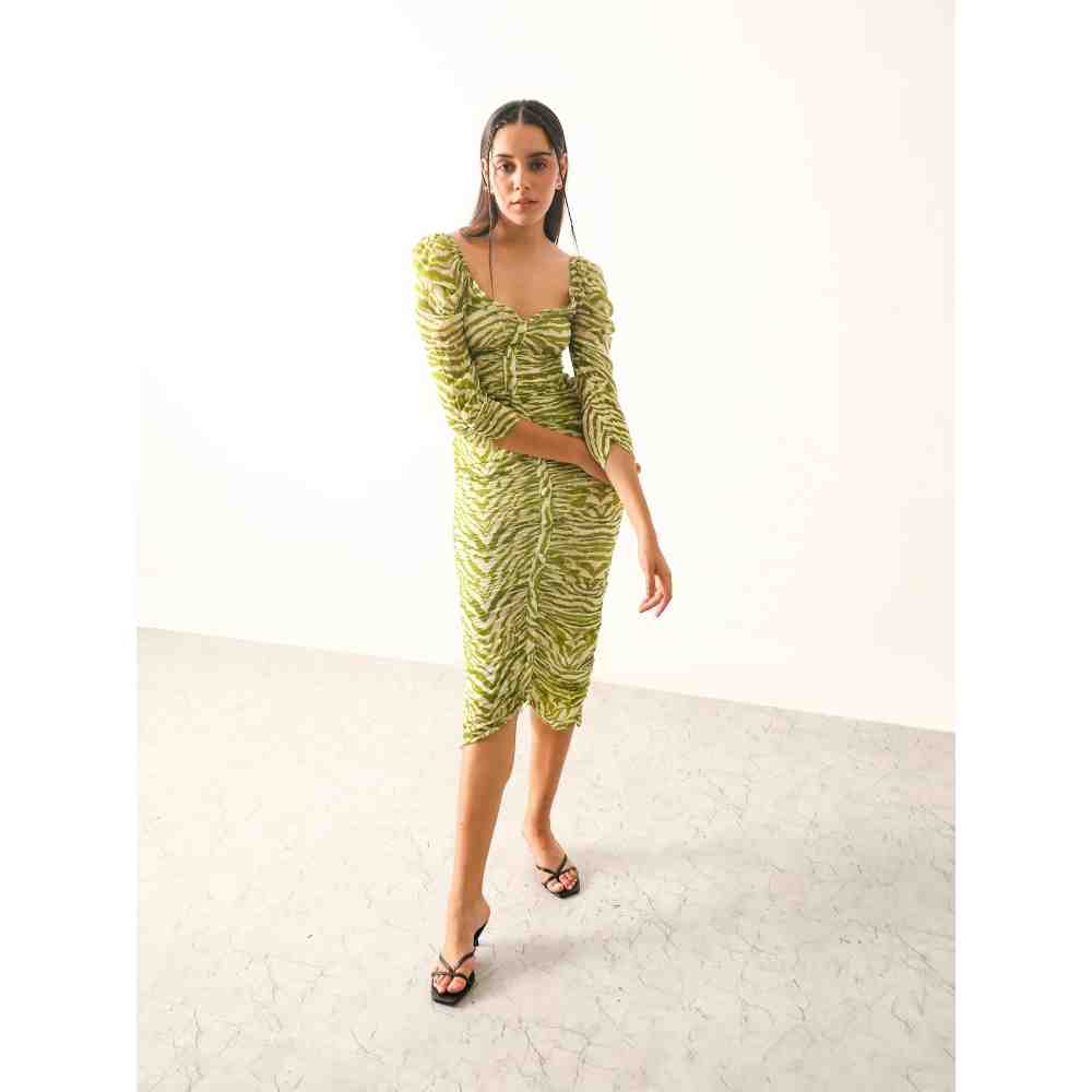 THE IASO Green Sander Ruched Midi Dress