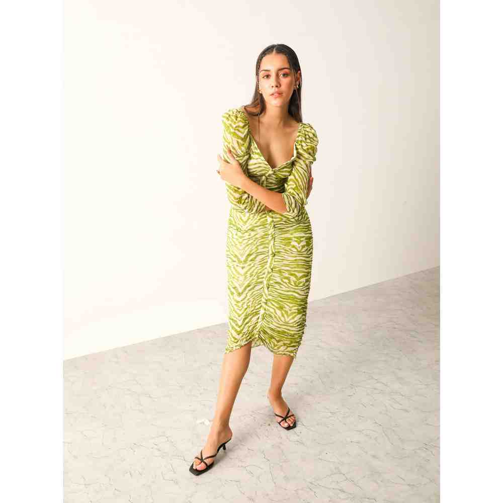 THE IASO Green Sander Ruched Midi Dress