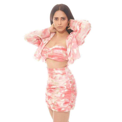 THE IASO Salmon Matching Crop Top, Skirt and Jacket (Set of 3)