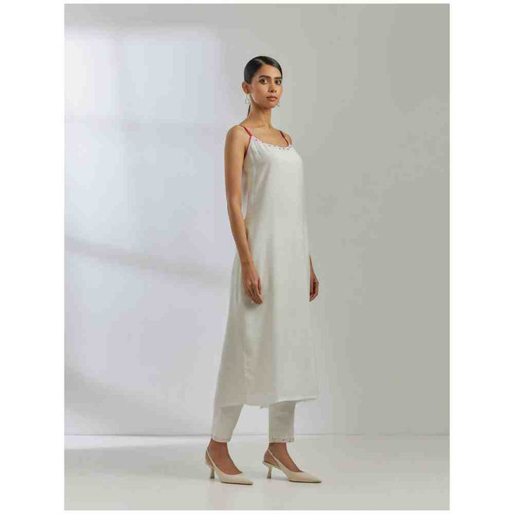 TIC White Silk Strappy Kurta with White Pants and Pink Raw Silk Cape (Set of 4)