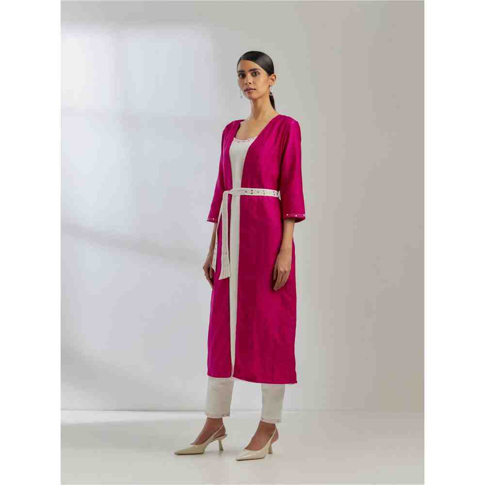 TIC White Silk Strappy Kurta with White Pants and Pink Raw Silk Cape (Set of 4)
