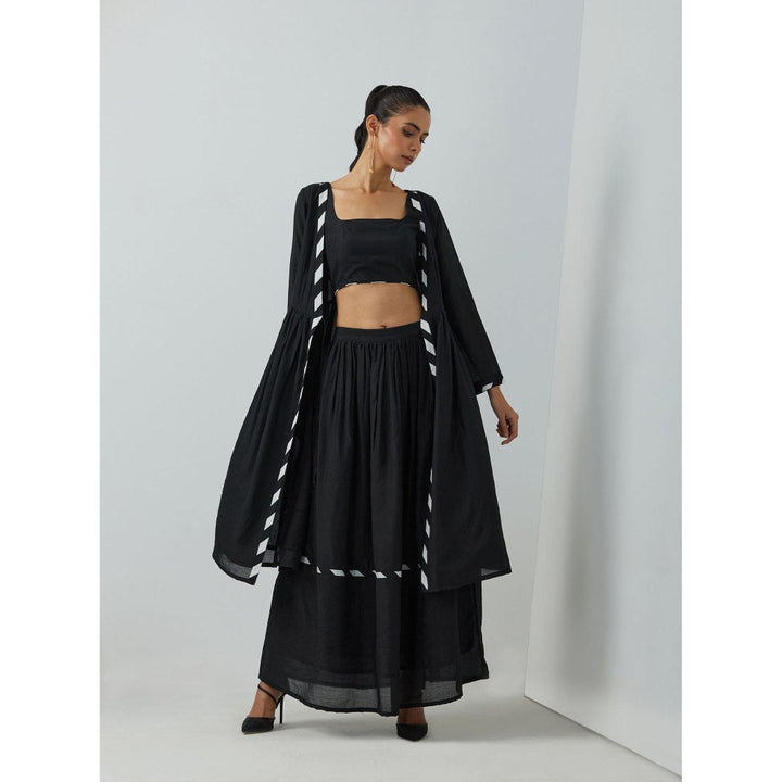TIC Black Chanderi Zade Crop Top with Skirt & Cape (Set of 3)