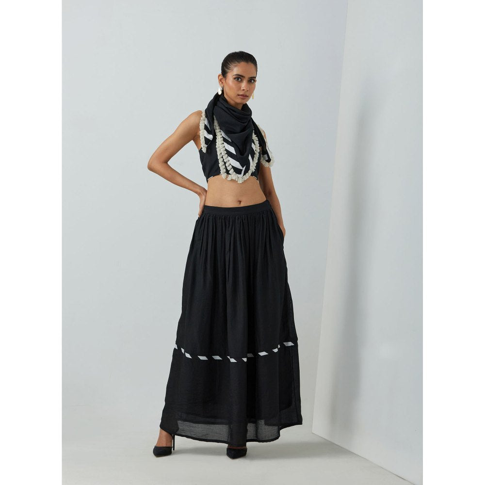 TIC Black Chanderi Zade Crop Top with Skirt & Scarf (Set of 3)