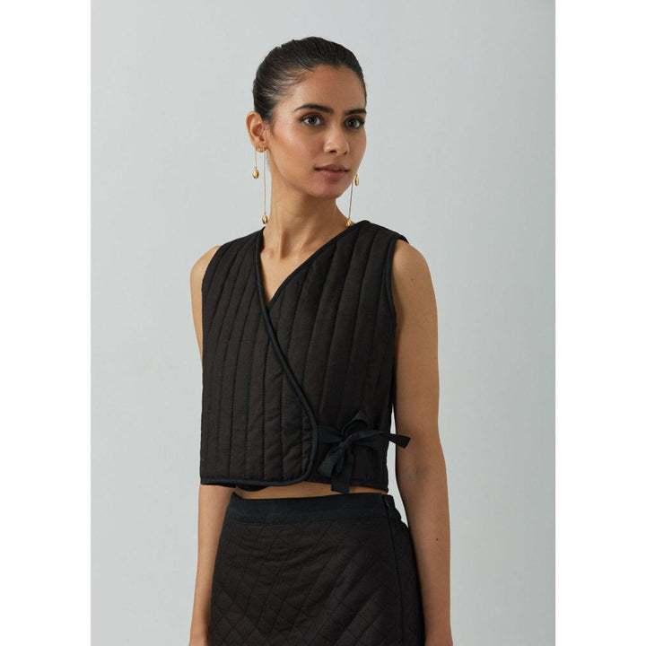 TIC Black Cotton Panoply Overlapped Crop Top with Quilted Skirt (Set of 2)