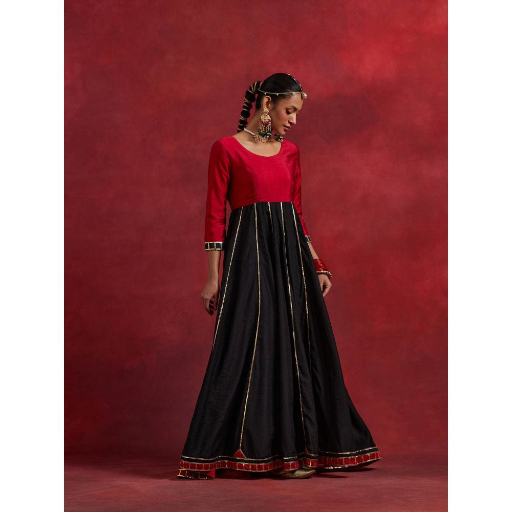 The Indian Cause Red Black Raw Silk And Chanderi Ghoomar Anarkali Kurta