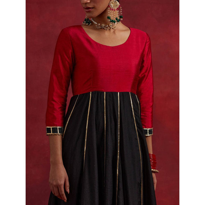 The Indian Cause Red Black Raw Silk And Chanderi Ghoomar Anarkali Kurta With Dupatta (Set of 2)