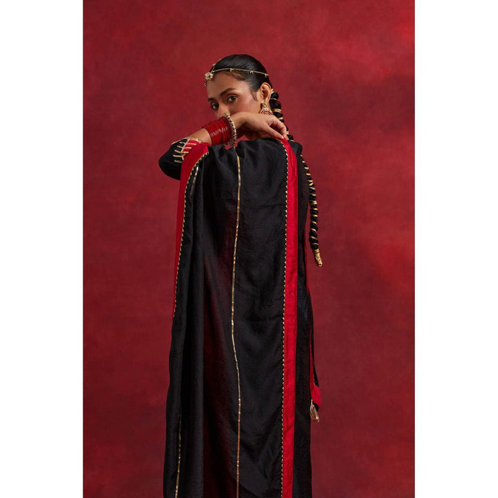 The Indian Cause Red Black Raw Silk And Chanderi Ghoomar Anarkali Kurta With Dupatta (Set of 2)