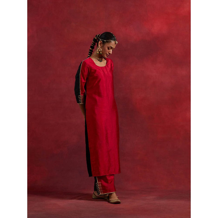 The Indian Cause Red Black Raw Silk Half And Half Kurta
