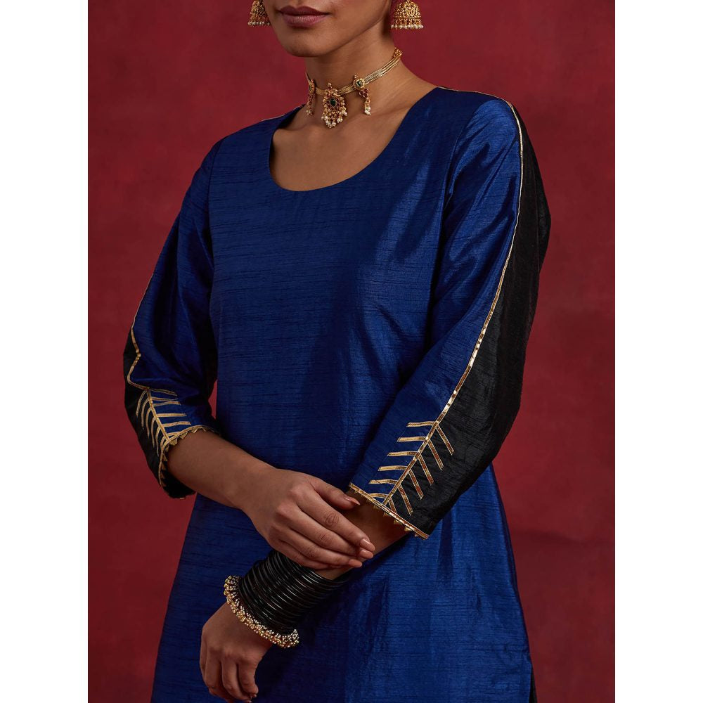The Indian Cause Blue Black Raw Silk Half And Half Kurta