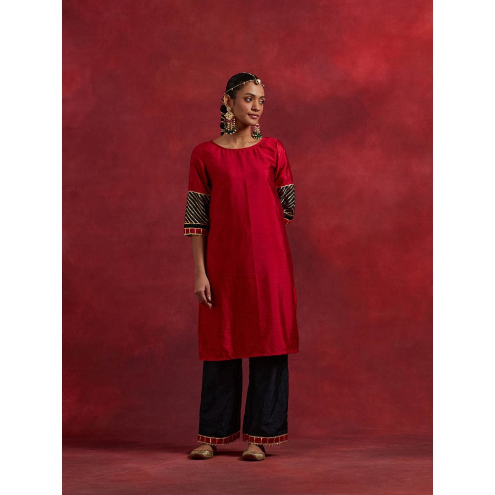 The Indian Cause Red Black Raw Silk Jennifer Kurta With Palazzo (Set of 2)