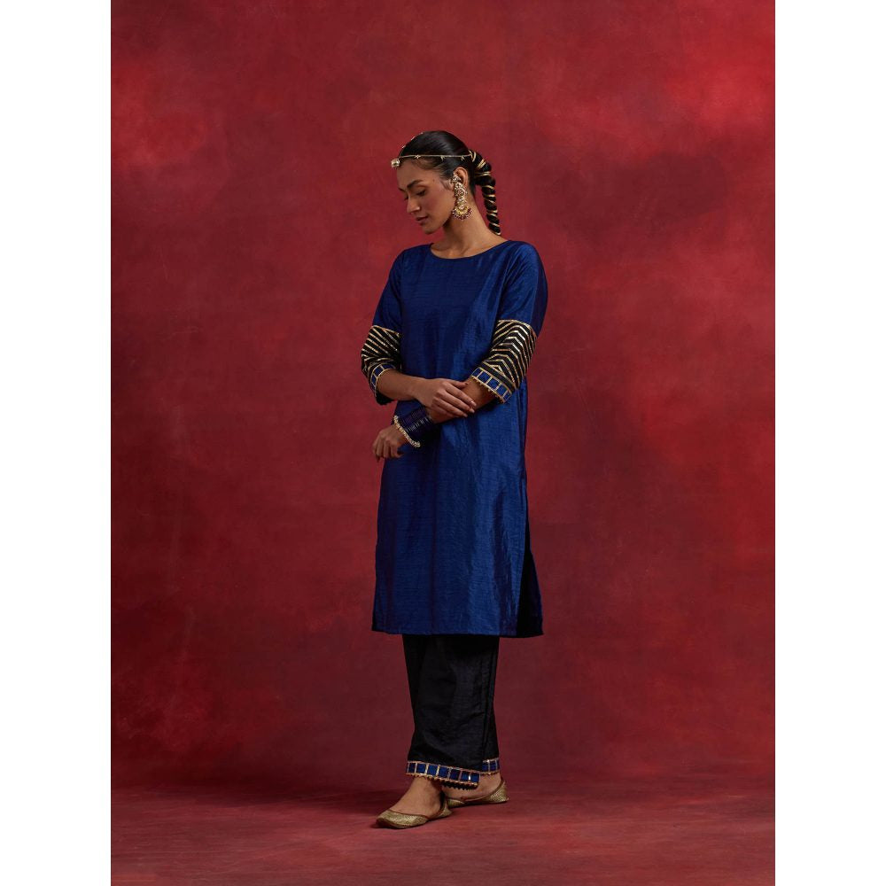 The Indian Cause Blue Black Raw Silk Jennifer Kurta With Palazzo (Set of 2)