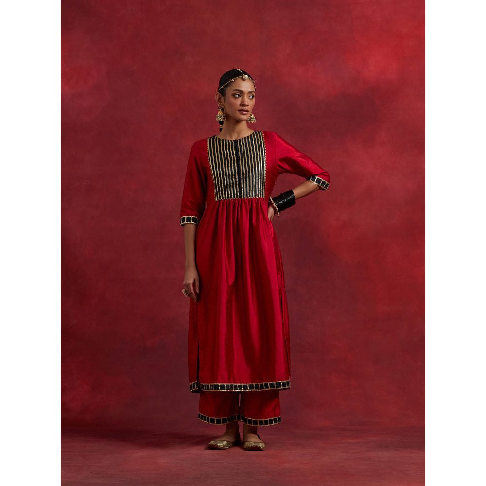 The Indian Cause Red Black Raw Silk Gauhar Kurta With Palazzo (Set of 2)