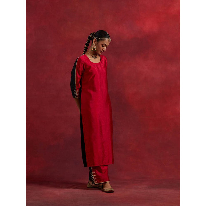 The Indian Cause Red Black Raw Silk Half And Half Kurta With Palazzo (Set of 2)