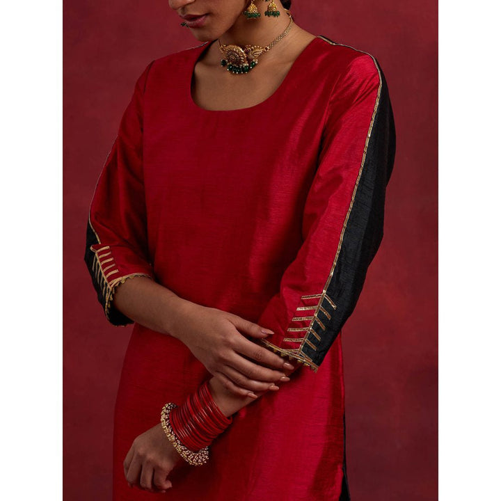 The Indian Cause Red Black Raw Silk Half And Half Kurta With Palazzo (Set of 2)