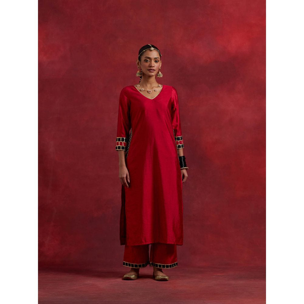 The Indian Cause Red Black Raw Silk Mira Kurta With Palazzo (Set of 2)
