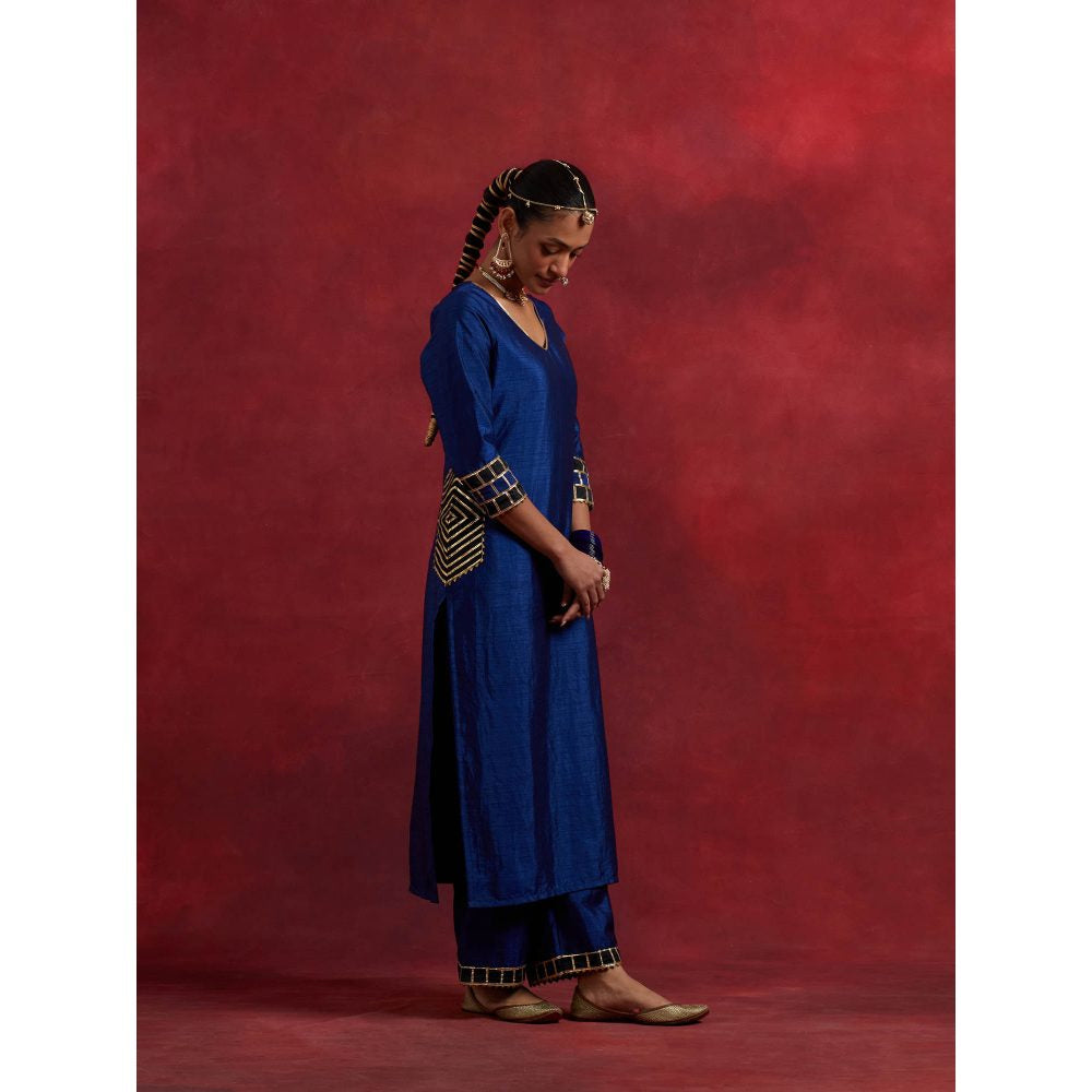 The Indian Cause Blue Black Raw Silk Mira Kurta With Palazzo (Set of 2)