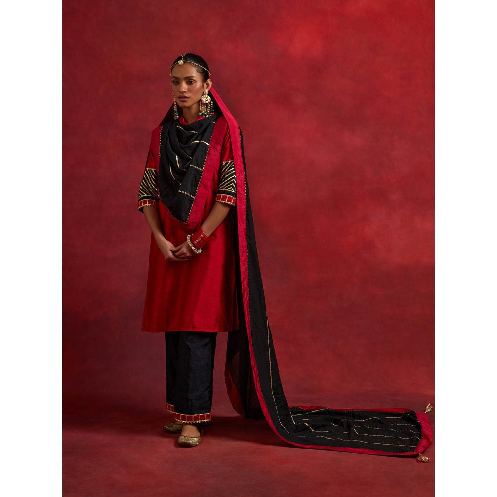 The Indian Cause Red Black Raw Silk Jennifer Kurta With Palazzo And Dupatta (Set of 3)