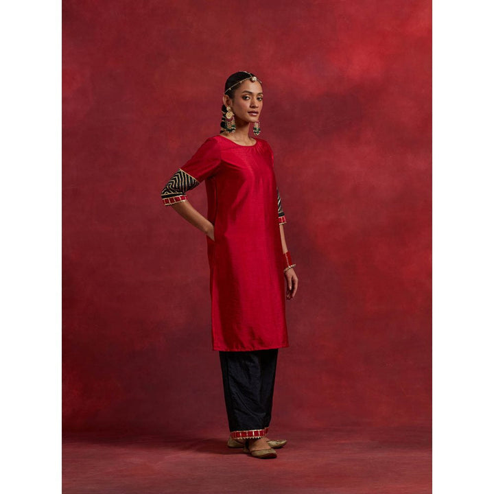 The Indian Cause Red Black Raw Silk Jennifer Kurta With Palazzo And Dupatta (Set of 3)