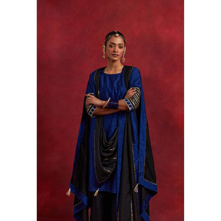 The Indian Cause Blue Black Raw Silk Jennifer Kurta With Palazzo And Dupatta (Set of 3)