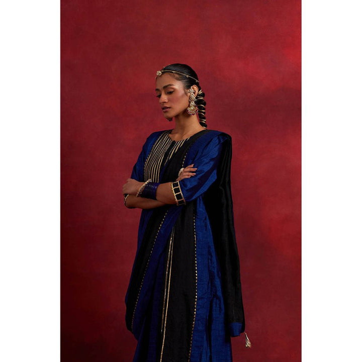 The Indian Cause Blue Black Raw Silk Gauhar Kurta With Palazzo And Dupatta (Set of 3)