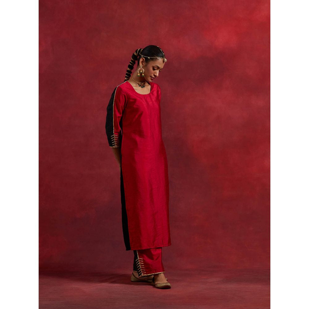 The Indian Cause Red Black Raw Silk Half And Half Kurta With Palazzo And Dupatta (Set of 3)