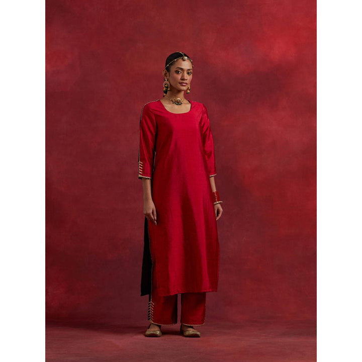 The Indian Cause Red Black Raw Silk Half And Half Kurta With Palazzo And Dupatta (Set of 3)
