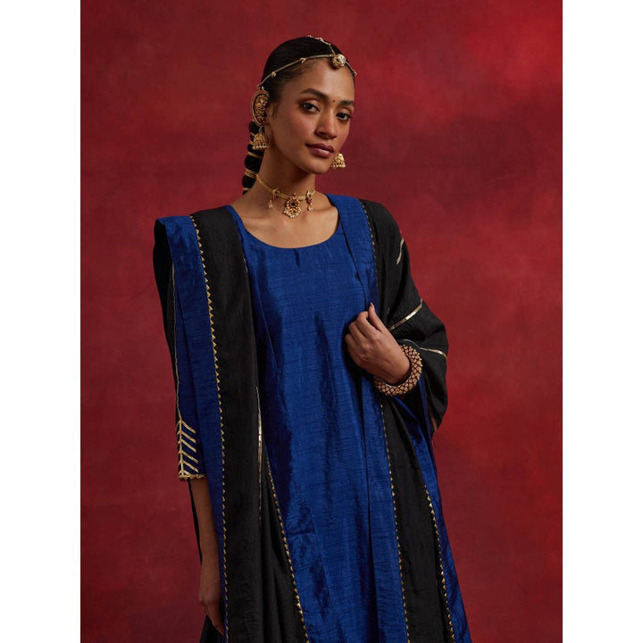 The Indian Cause Blue Black Raw Silk Half And Half Kurta With Palazzo And Dupatta (Set of 3)