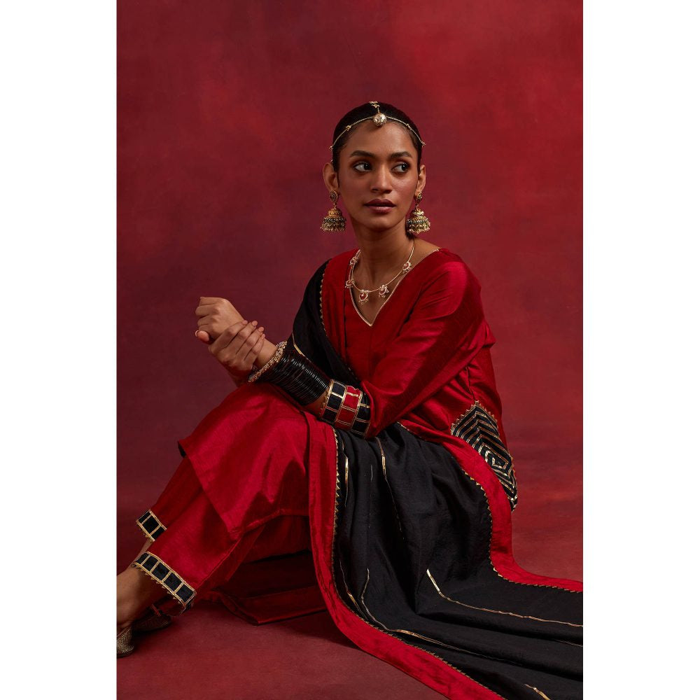 The Indian Cause Red Black Raw Silk Mira Kurta With Palazzo And Dupatta (Set of 3)